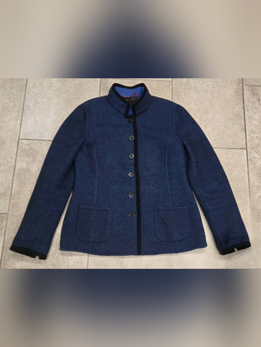 Nina McLemore Blue Boiled Wool Jacket Size 6 Mandarin Collar Blazer Button Front